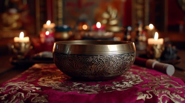 Ancient tibetan singing bowl commonly utilized for meditation and sound therapy. Evokes a sense of peace, presence, and inner harmony