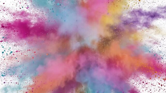 A captivating burst of vibrant, multi-colored powder dynamically explodes outwards against a pristine white background, creating a mesmerizing abstract visual effect. Hues of magenta, pink, purple, ye