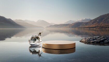 Summer nature travel landscape: sunset reflection of mountains and sky over the lake water with a sailing boat
