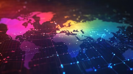 Global digital world map showing glowing colorful dots and connecting lines across continents, visualizing international data flow, internet connections and technology networks