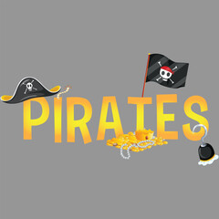 Colorful Vector Illustration of "PIRATES" Typography with Pirate Themed Elements