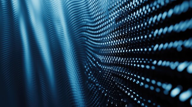 Abstract blue mesh background featuring a wavy pattern of glowing dots, representing digital data flow, network connections, and modern technology concepts - Powered by Adobe