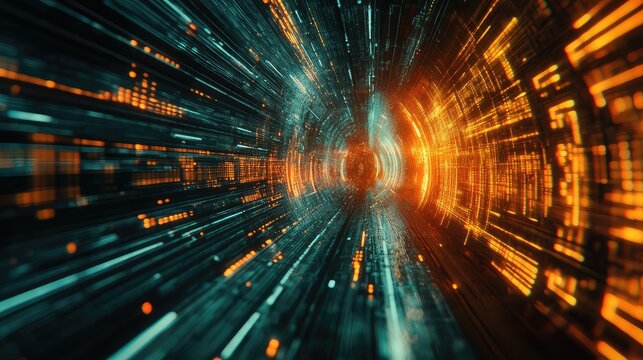 Abstract visualizing future technology, big data transfer, and global internet connectivity, forming a dynamic energy tunnel with glowing lines and binary code sequences in vibrant orange and blue - Powered by Adobe