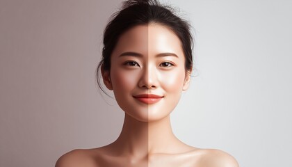 Asian Woman With Discrepancy In Skin Tone: Exploring The Effects Of Facial Brightening Products And Sun Protection On Skin Health.