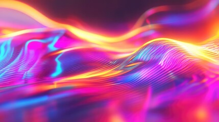 Abstract iridescent glowing lines creating a vibrant, energetic visual flow, representing modern technology, data streams, and digital connectivity in a dynamic, futuristic setting