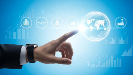Businessman pointing to a glowing globe with graphs and charts around it on blue background