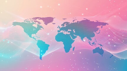 World map illustrating global business networking and digital communication, with glowing lines and particles representing interconnected data streams and worldwide technological advancement