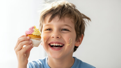 Joyful boy beaming with laughter while holding a decorated cupcake