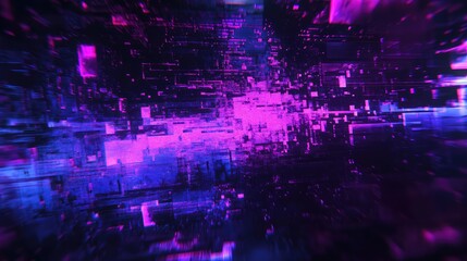 Futuristic abstract background representing data flow through a complex digital network or circuit, featuring glowing purple and blue grid elements and particles