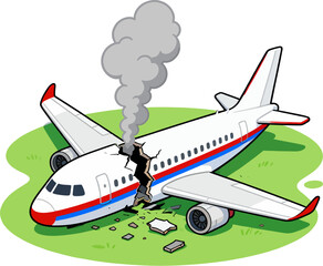 Cartoon Crashed Airplane Illustration – Broken Passenger Plane with Smoke on Grass