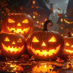 Fototapeta premium Glowing jack-o'-lanterns adorn an autumnal evening scene
