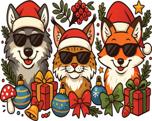 Christmas Wolf, bobcat, and Fox with ornaments, and festive decor in a joyful winter holiday scene
