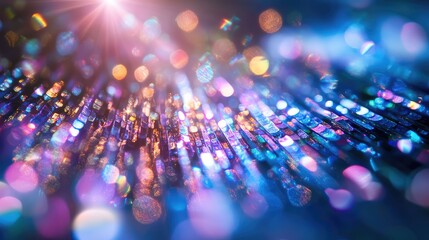 Colorful sparkling glitter background with a strong light source creating abstract bokeh effect, vibrant hues, and shining reflections for a festive and celebratory concept