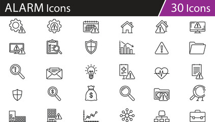 Business and data alert icons set, risk management symbols, cybersecurity and analysis tools, warning and monitoring vector illustration