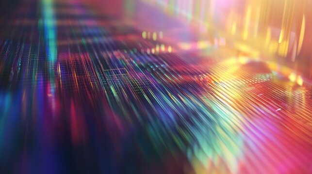 Digital data streams flow across an abstract electronic circuit, forming neon parallel lines of light and vibrant fiber optic patterns that convey high speed network communication and energy