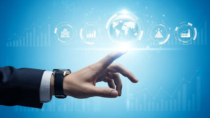Businessman touching virtual globe with icons on blue background
