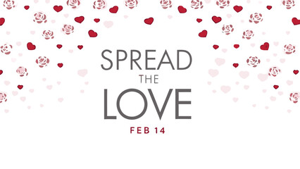 Valentine's day design with 'spread the love' text, red hearts, and roses on white background for february 14th celebrations