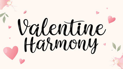 Valentine harmony sweet romantic brush lettering with pink hearts and flowers on beige background