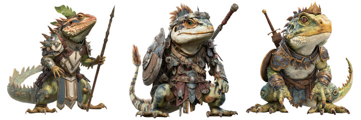 Set of A realistic lizardfolk humanoid standing upright textured reptile on transparent png background. Ai generated