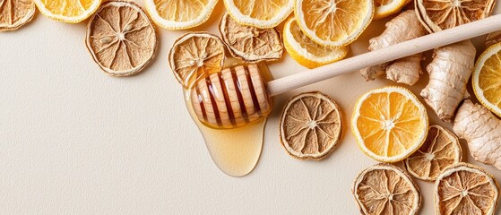 Dried lemon slices and ginger pieces with honey dripping over them in a beautiful arrangement for a health benefit display