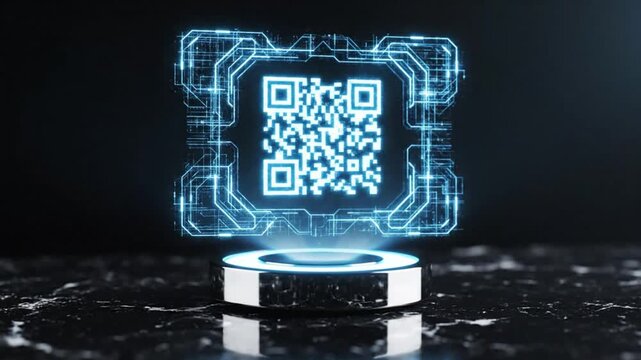 Glowing blue QR code on a futuristic circuit board design displayed on a sleek white pedestal with