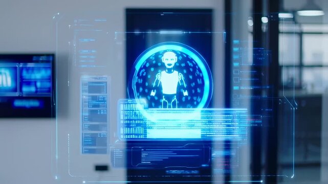 A blue-lit futuristic interface displays a robot icon with lines of code, set in a blurred office space
