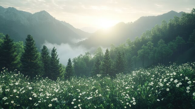 Sun rising over a lush green mountain valley with pine trees and a field of white wildflowers, early morning fog hovering between the peaks creating a serene and idyllic natural landscape - Powered by Adobe