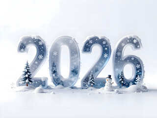Transparent number 2026 with Santa, snowman, snowflakes, and Christmas trees.