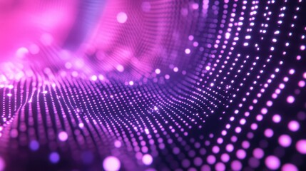 Pink and purple glowing dots forming a dynamic wavy grid pattern, representing digital data flow, connectivity, technology, and futuristic concepts in an abstract background
