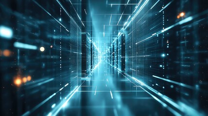Digital abstract background presenting glowing lines and data particles flowing through a technology tunnel, symbolizing fast information transfer and network connectivity in a futuristic cyberspace