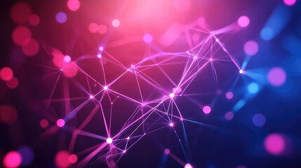 Abstract network of glowing connections illustrating global digital technology concepts, representing data flow, science, artificial intelligence, and futuristic communication in neon colors
