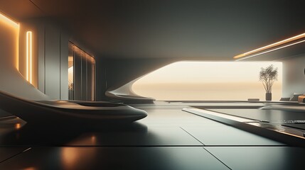 Conceptual modern living space with innovative curved architecture, bright linear lighting, and a large window overlooking a calming, hazy landscape, ideal for themes of future design and luxury