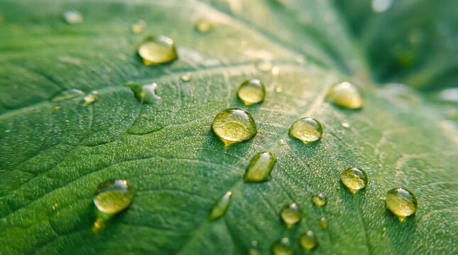 Macro close up of hydrophobic water droplets on green taro leaf surface with vein texture