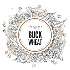 Fototapeta premium Vector illustration of round frame with leaves, flowers and buckwheat grains.