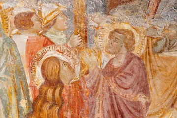 Wandcirkels plexiglas Jezus Christus AMALFI, ITALY - OCTOBER 3, 2025: The Mary Magdalene and St. John under the corss - detail of Crucifixion fresco in the atrium of  Duomo by Roberto di Oderisio from second half of 14. cent.  © Renáta Sedmáková