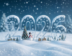 Transparent number 2026 with Santa, snowman, snowflakes, and Christmas trees.