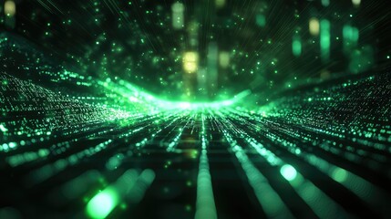 Abstract green glowing particles illuminate a complex data pathway, symbolizing global network connections, information transfer, and advancing technology in a digital world
