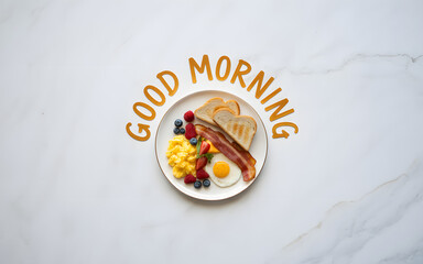 A cheerful breakfast food plate with 'Good Morning' text on a white surface. Happy positive breakfast.