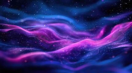 Fototapeta premium Abstract flowing wave pattern is depicting a futuristic data stream and technological connections, with vibrant blue and purple glowing particles moving across a dark digital space