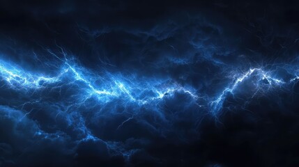 Blue electric lightning bolt illuminates a dark stormy cloud formation, creating a powerful abstract energy background representing power, storm, and electricity