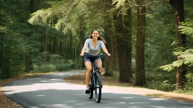 Adventurous woman riding longrange ebike on scenic forest path outdoor activity peaceful nature environment