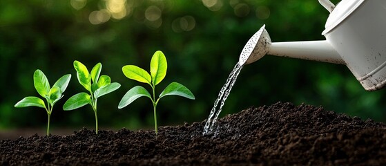Watering can pours water onto rich black soil supporting healthy plant growth in a vibrant garden setting