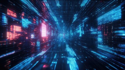 Digital tunnel features illuminated lines and circuit board patterns creating an abstract representation of big data processing, network connections, and modern technological advancements