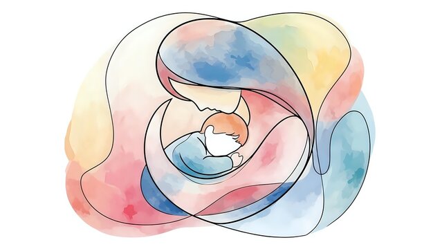 Watercolor mother holding newborn baby in tender embrace with soft pastel colors on white background for maternal healthcare and family concepts.