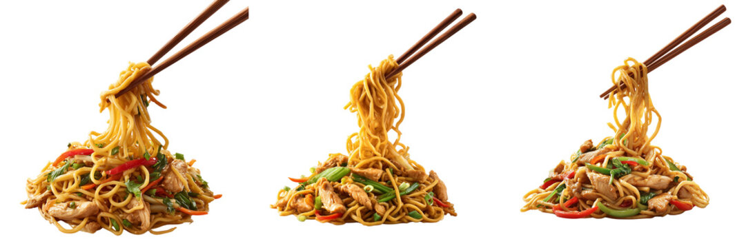 Set of Chicken Hakka noodles neatly twirled with stik beside on transparent png background. Ai generated