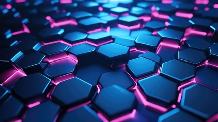 Grid of interconnected dark hexagons rising and falling, creating a dynamic surface illuminated by vibrant pink and blue neon lights, symbolizing modern technology and digital connection