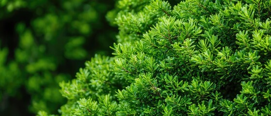 Fototapeta premium Close-up view of lush green juniper shrubs highlighting detailed leaves and branches against a blurred forest background