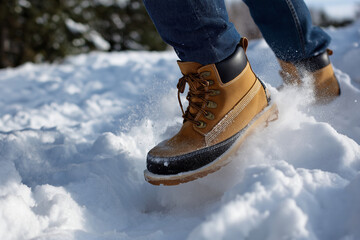 A person trudges through snow-covered ground, highlighting the challenges and joy of winter exploration, along with the beauty and tranquility of a snowy landscape.