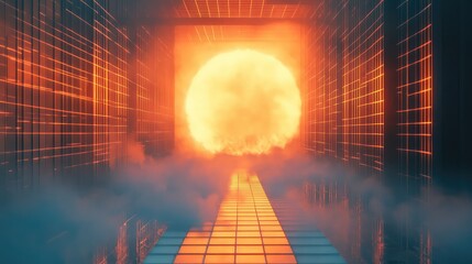 Glowing orange orb radiating intense light in a futuristic, dark tunnel with grid lines and a tiled floor, representing power, technology, and virtual network connections
