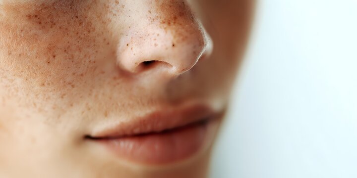 Close-up of woman's face showing natural freckles, nose and lips in soft lighting for skincare and beauty concepts.